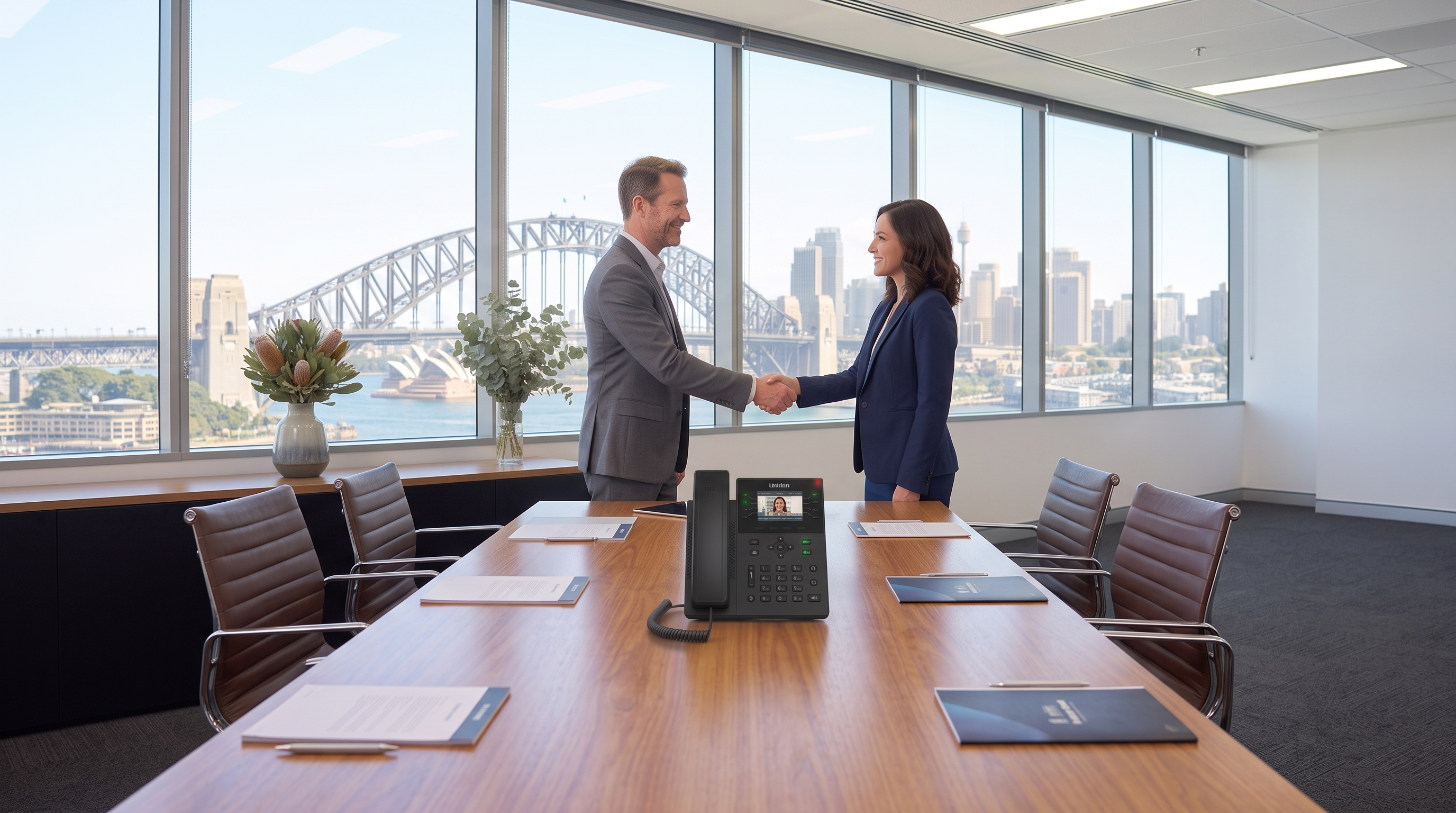 A Uniden Voice dealer agreement being sealed in a Sydney boardroom, with a Uniden EVOC2 desk phone on the table