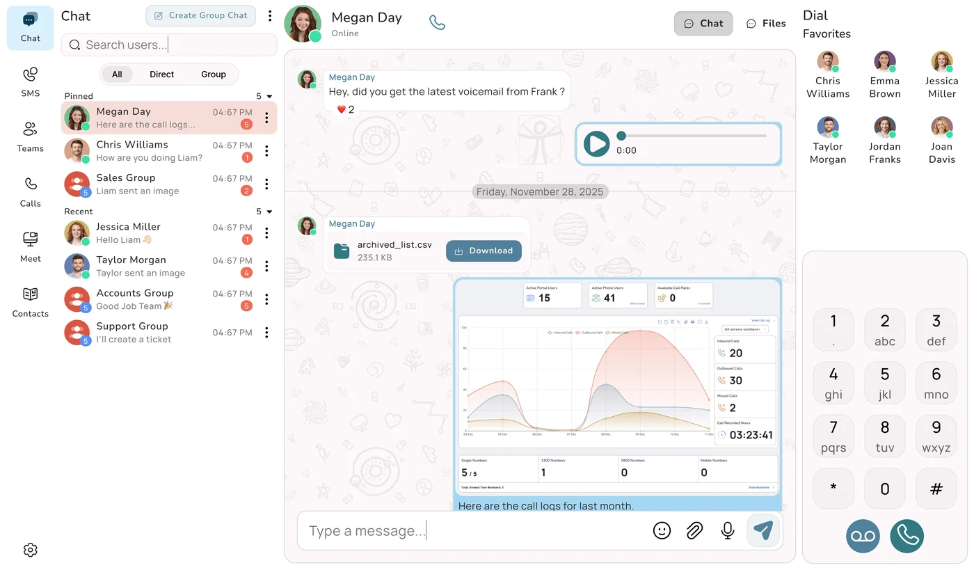 Team chat with a shared file and voice note