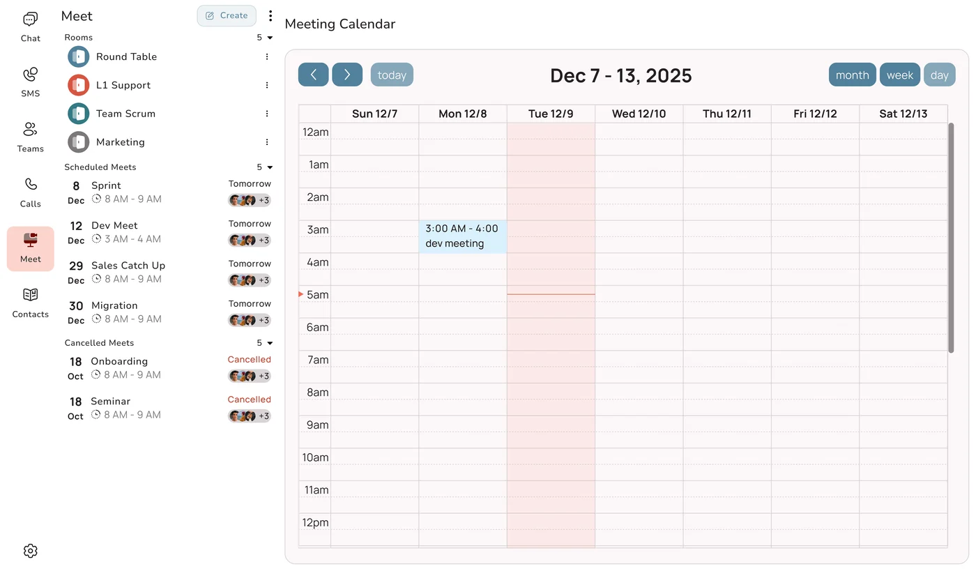 Meeting calendar with scheduled team meetings
