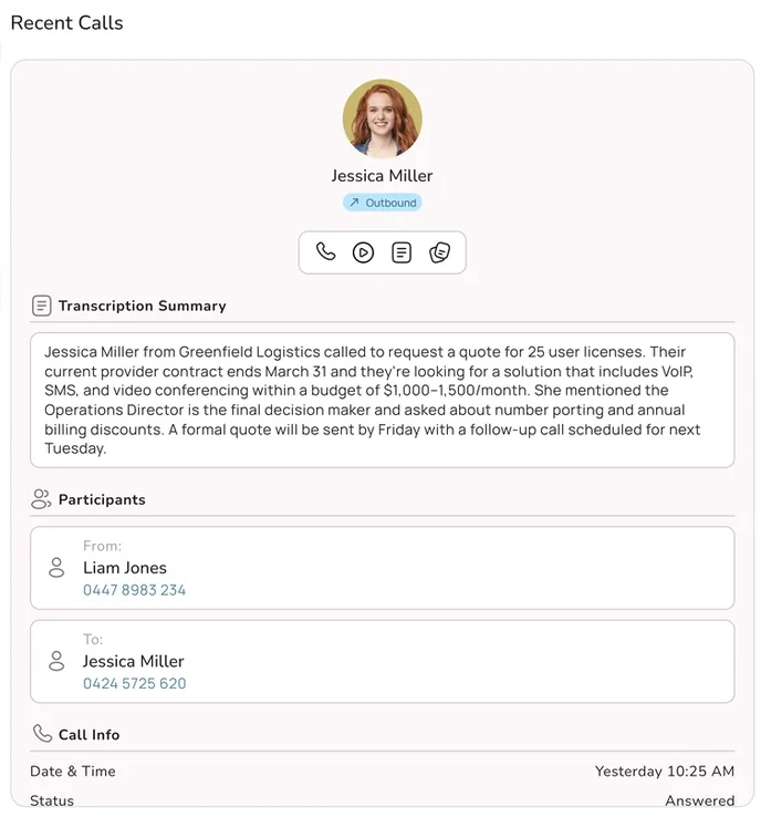 The Uniden Voice app showing an AI written summary attached to a recent call, with the participants and call details underneath