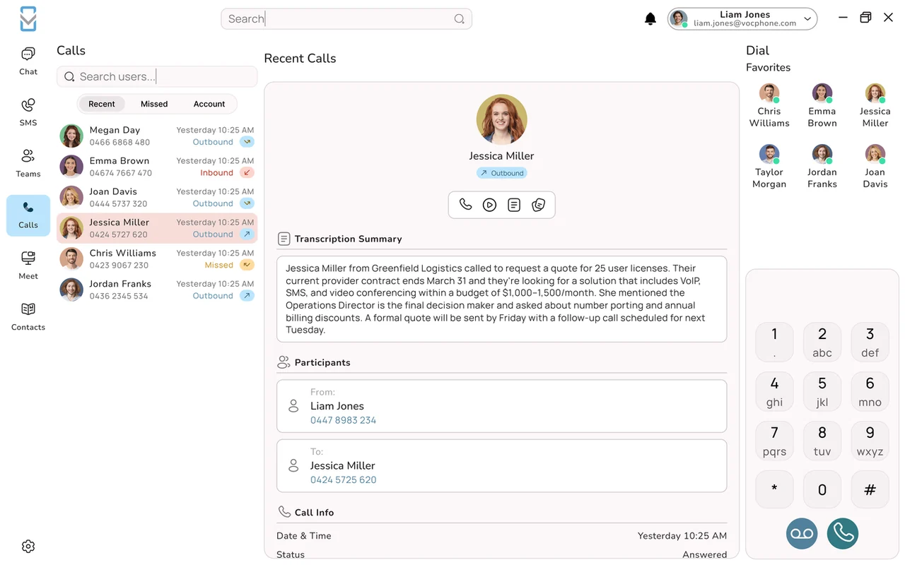 The Uniden Voice desktop app showing a call with an AI transcription summary