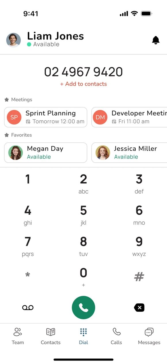 The Uniden Voice mobile app showing the business dial screen