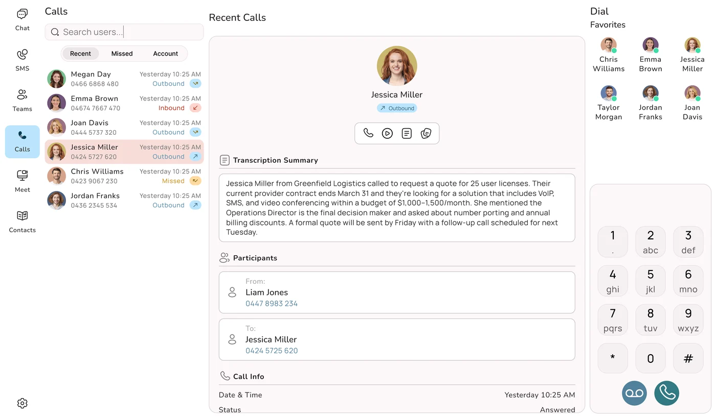 Uniden Voice desktop app with recent calls, an AI call summary and the dial pad
