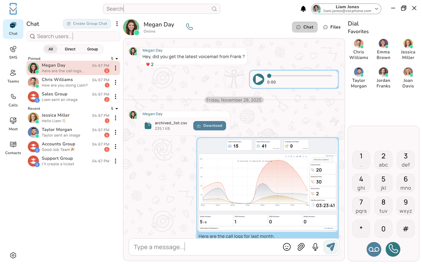 Team chat with a shared call-log report in the Uniden Voice desktop app