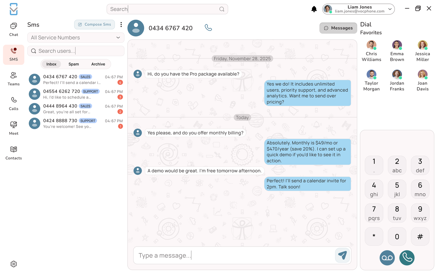 Business SMS conversation in the Uniden Voice desktop app
