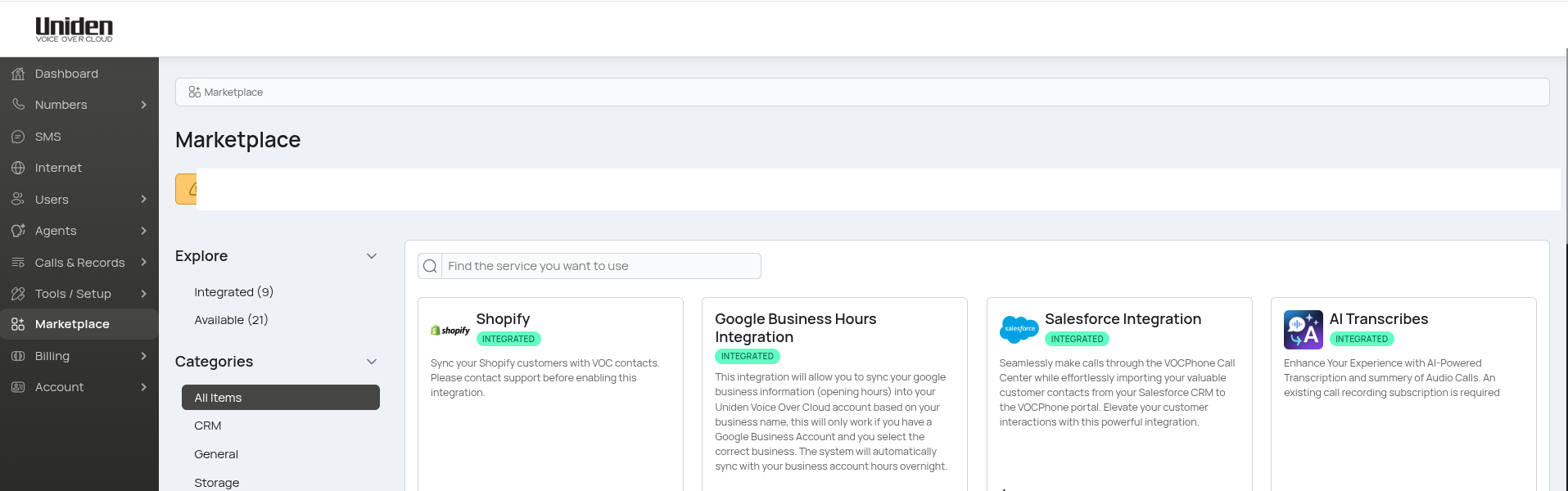 The Uniden Marketplace in the dealer portal, listing one-click integrations for Shopify, Salesforce, Xero and more