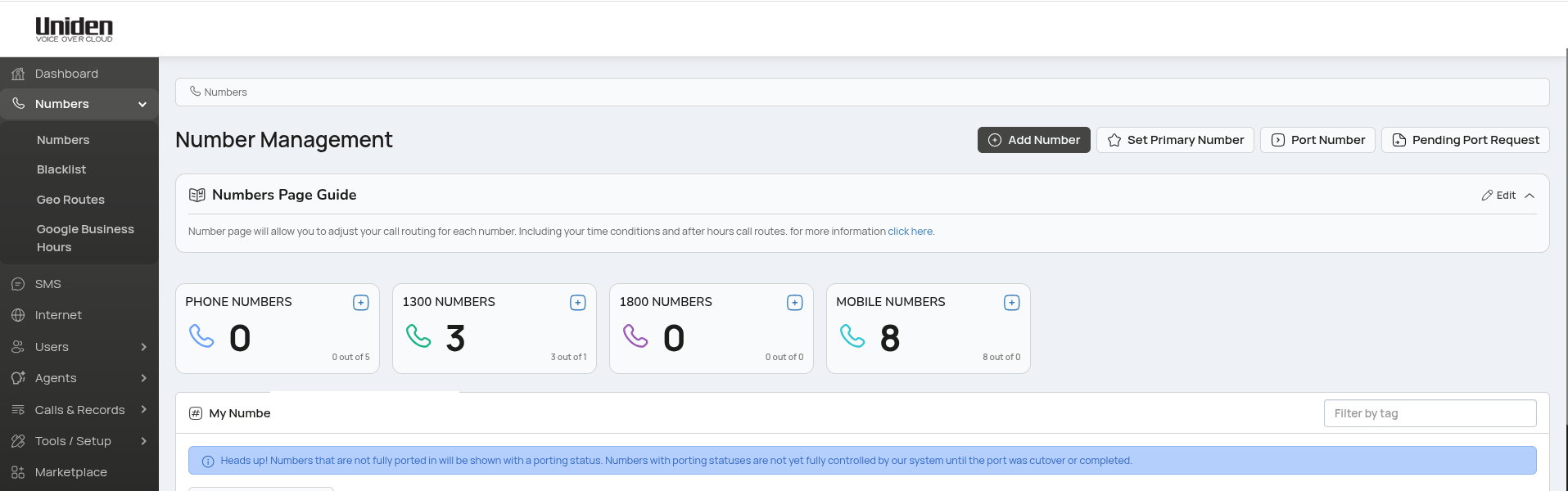Number Management in the dealer portal, showing counts of phone, 1300, 1800 and mobile numbers with add and port controls